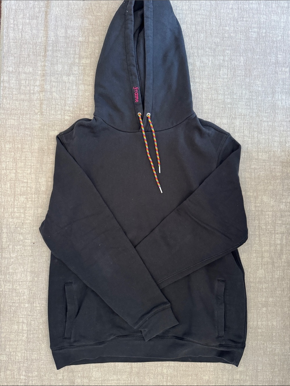 Frame Denim Black Hoodie with Rainbow Drawcords